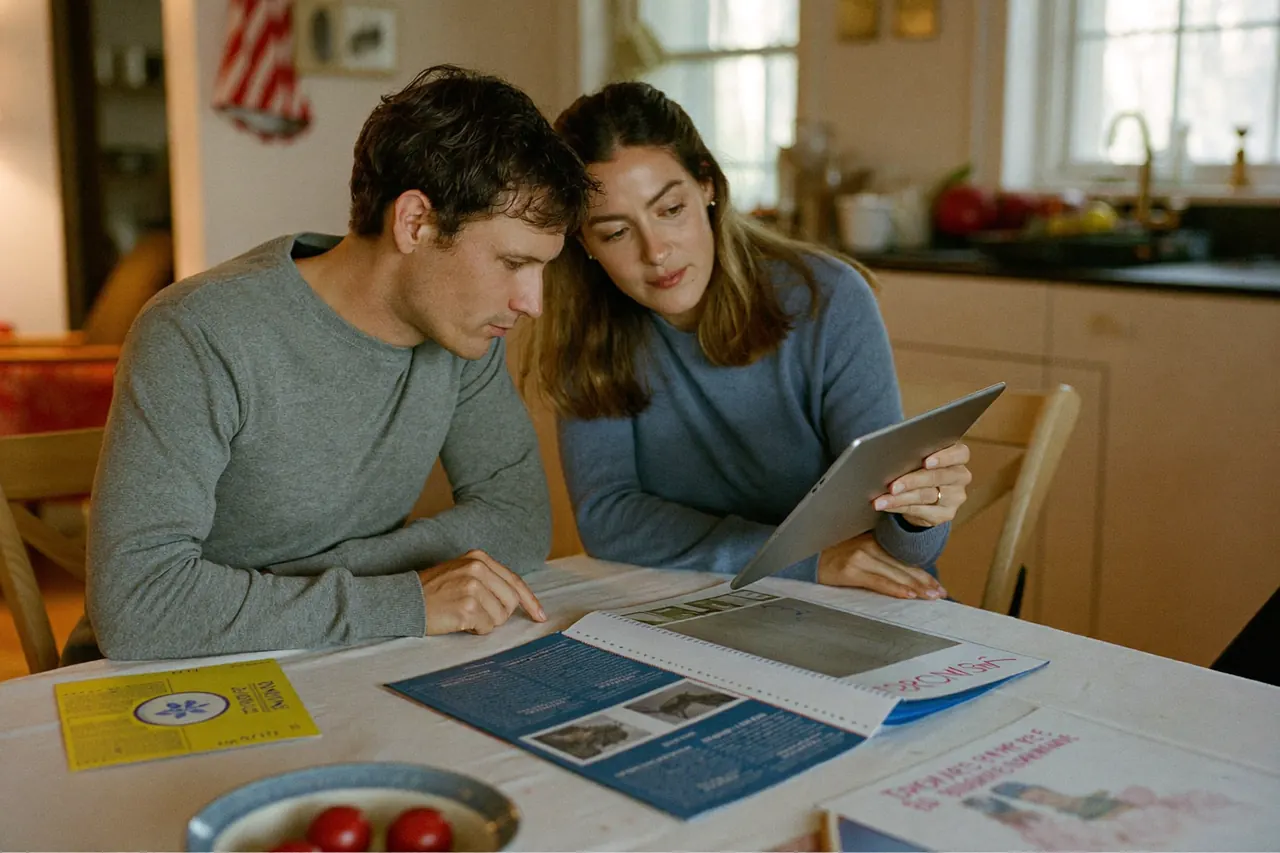 Couple comparing printed double glazing quotes at a kitchen table
