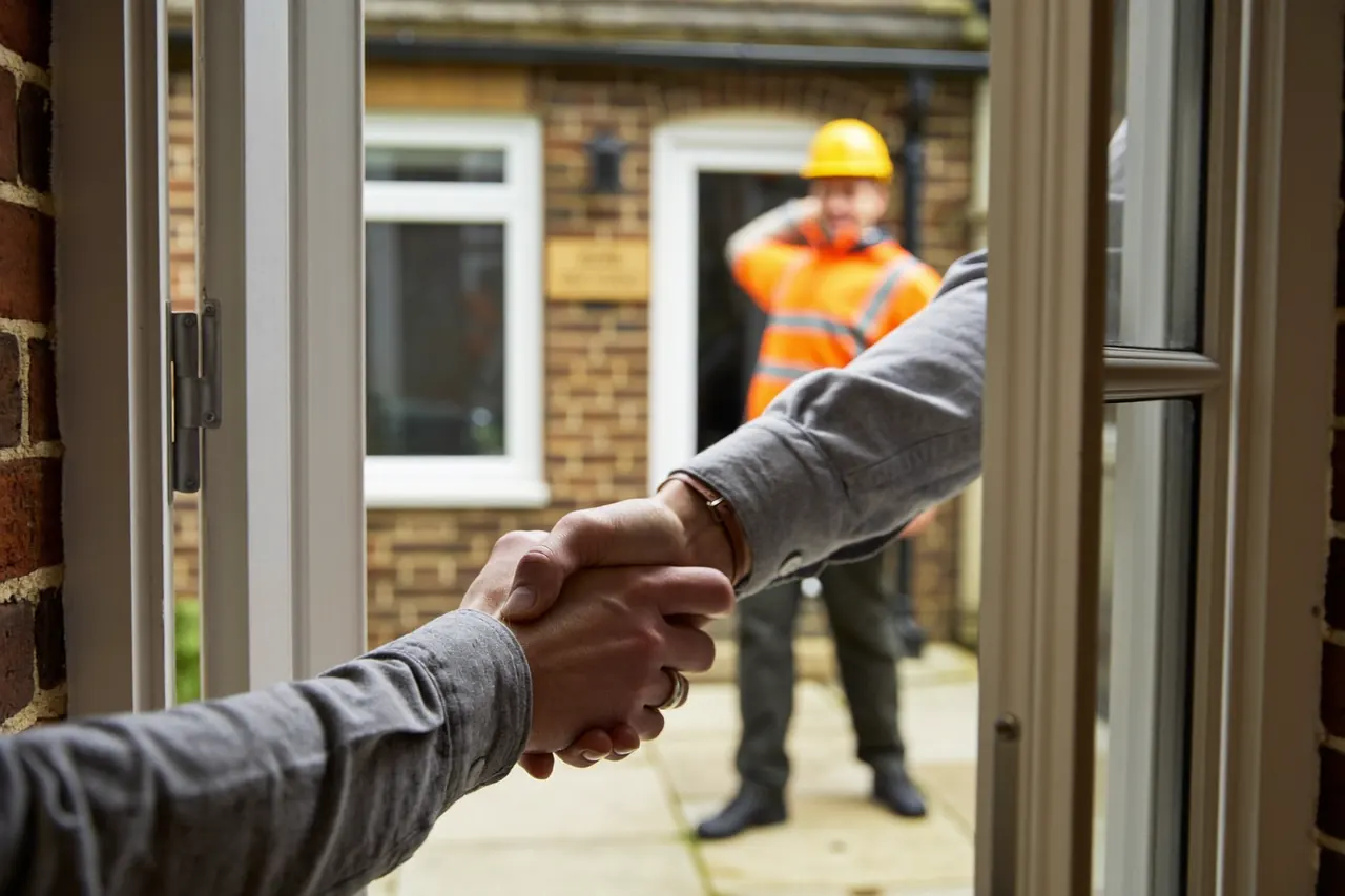 Homeowner and window installer shaking hands after agreeing a quote