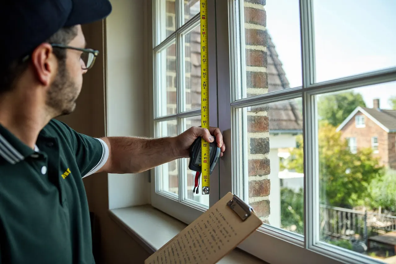 Installer measuring a window opening during a home survey