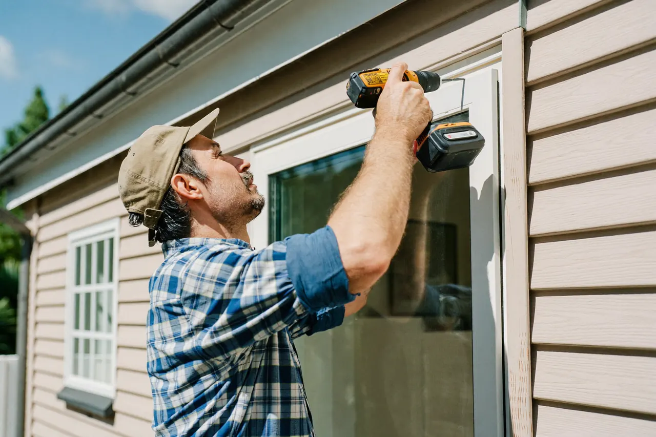 Window fitter installing a white uPVC casement window in a home